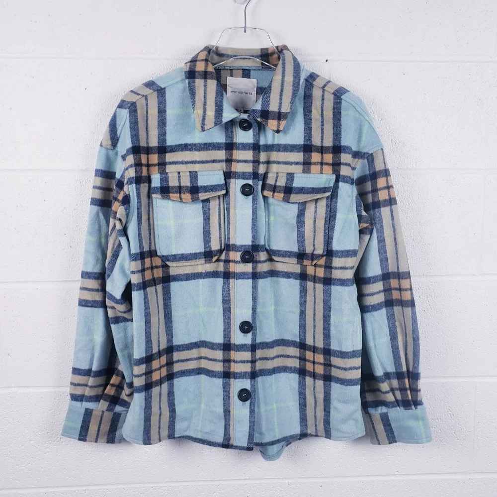 AVEC LES FILLES Oversized Plaid Button Front‎ Fleece Shacket Blue Women's  Small